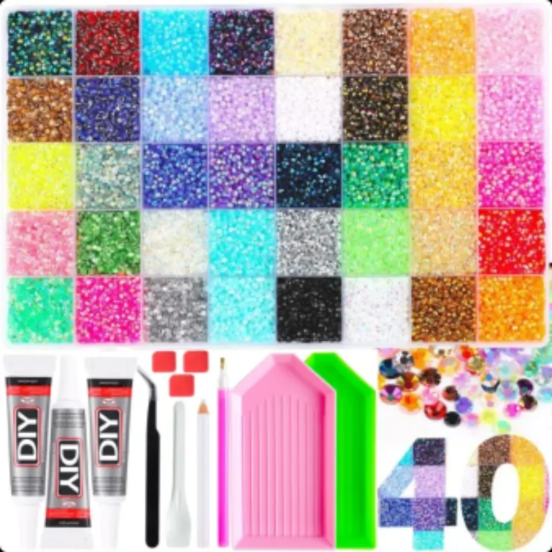 40 Grid Nail Crystal Rhinestone Kit with Rhinestone Application To, Large Capacity 40-Grid Rainbow Nail Art Rhinestone Set, Nail Rhinestones, Includes Drill Pen, Glue, Tray, Perfect for DIY Crafts, Clothing,hoes, Fabric, Nail Art Decorations