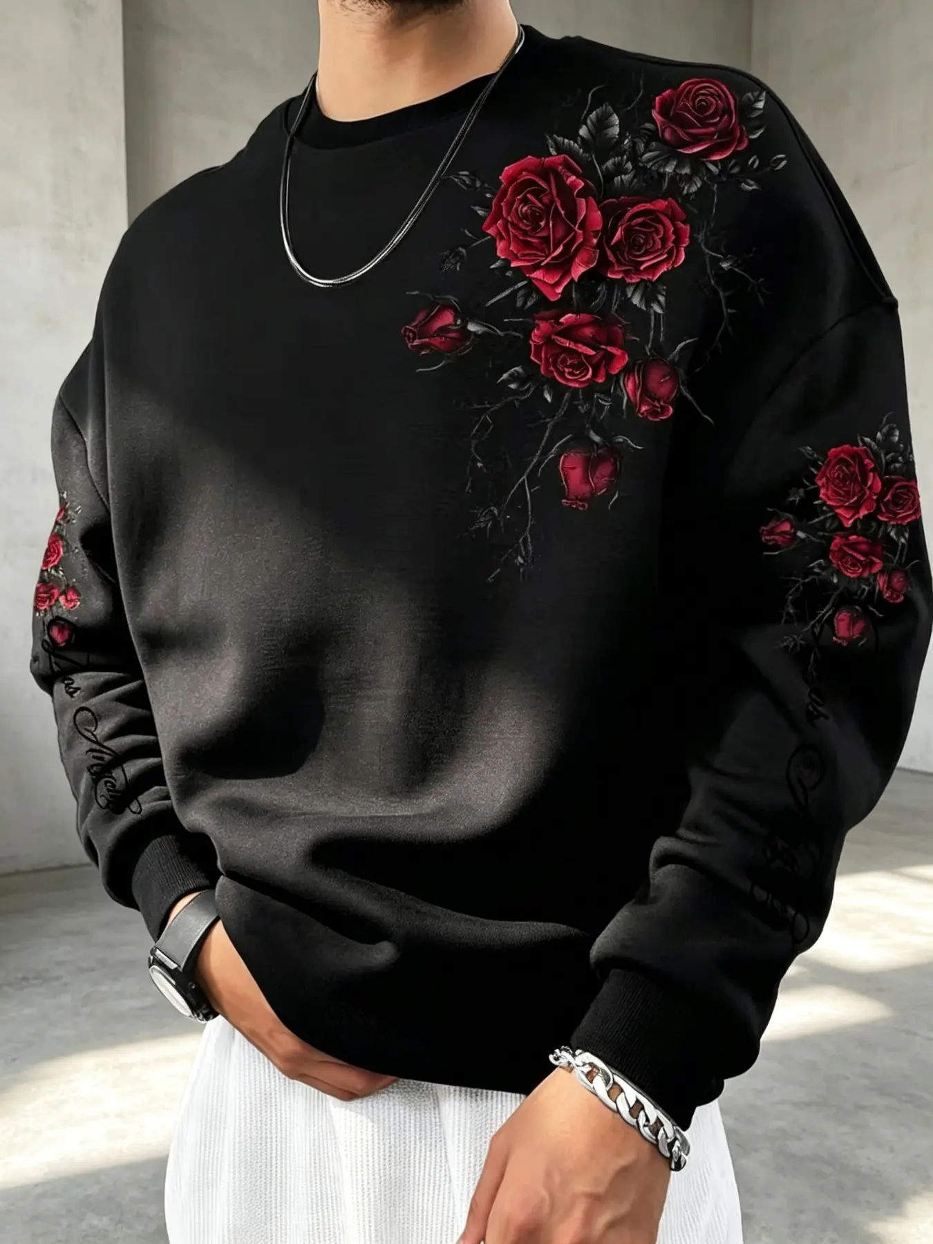 Men's Fashion Round Neck Sweatshirt, Vintage Rose Floral Letter Print, Long Sleeve Casual Streetwear Top, Fitted Graphic Pullover