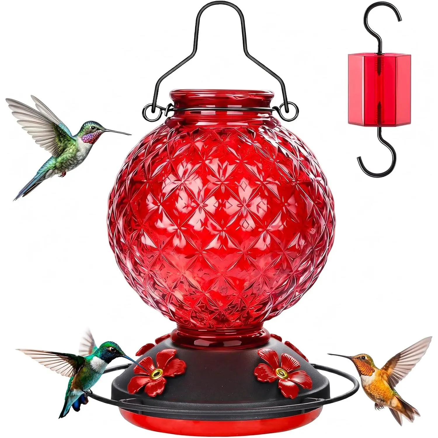 25 OZ Glass Hummingbird Feeder for Outdoors, Leak Proof Hummingbird Feeder with Ant Moat, 4  Resistant Feeding Ports, Easy Clean Wide Mouth Design,  Nectar Feeder, Red
