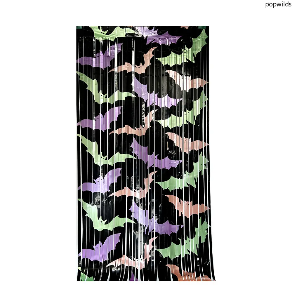 Fluorescent Bat Tinsel Curtain Halloween Themed Party Background Decorations Funny Party Supplies Scene Ornaments For Indoor Outdoor Horror Party Layout