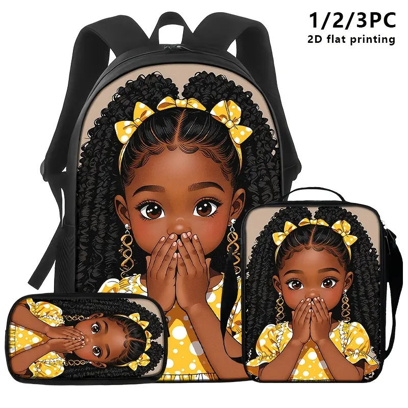 1 piece/2 piece set/3 piece set of backpacks, shoulder bags and storage bags, all printed with cartoon images of black-haired girls, dressed in yellow and white polka dot clothing, with yellow bows, vivid and cute expressions, modern and fashionable