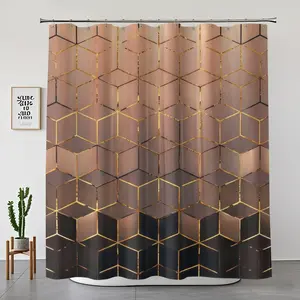 1/4-Piece Modern Luxury Geometric Cube Shower Curtain Set, 3D Metallic Bronze & Black Hexagon Block Print Bathroom Decor, Abstract Glowing Gold Line Art Waterproof Fabric with Non-Slip Rug & Toilet Cover