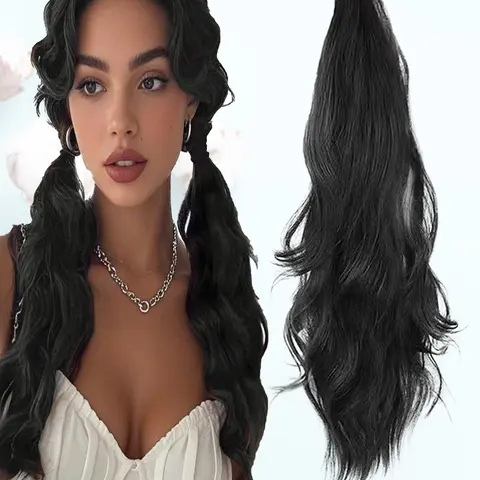 Kairiya 18 Inch Natural Wave Ponytail Extension Wig with Elastic Band, Easy To Install Synthetic Hairpiece for Daily Wear & Women Fashion Styles, Synthetic Curly Hair, Synthetic Wavy Hair, Synthetic Hair Hairpieces