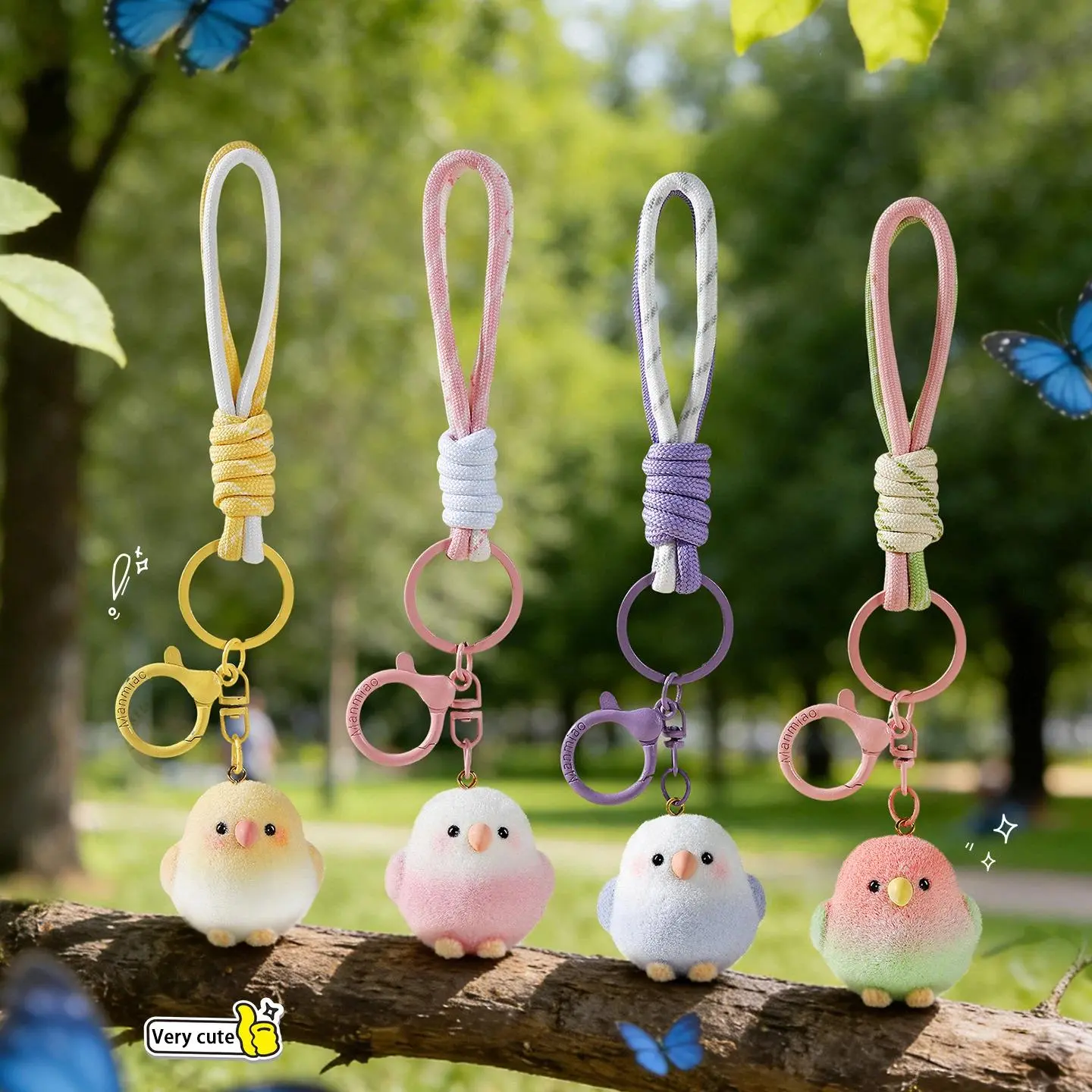 Flocked bird pendant keychain with hanging string - cute cartoon accessory for bags, suitable as a birthday gift.