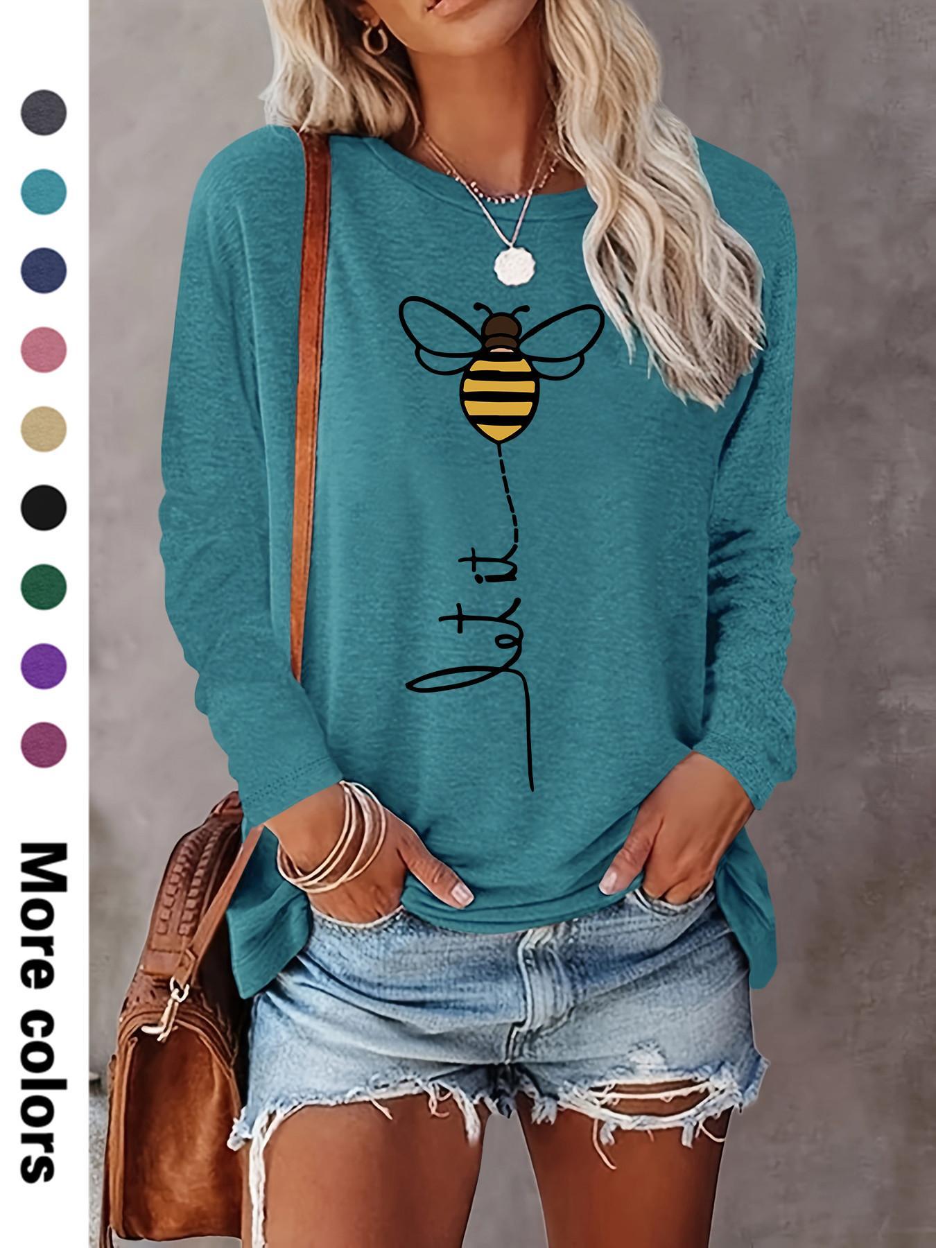 Women's Cartoon Bee Print Round Neck Fitted Tee, Casual Chic Long Sleeve Crew Neck T-shirt for Fall & Winter, Women's Top for Daily Wear, Womenswear