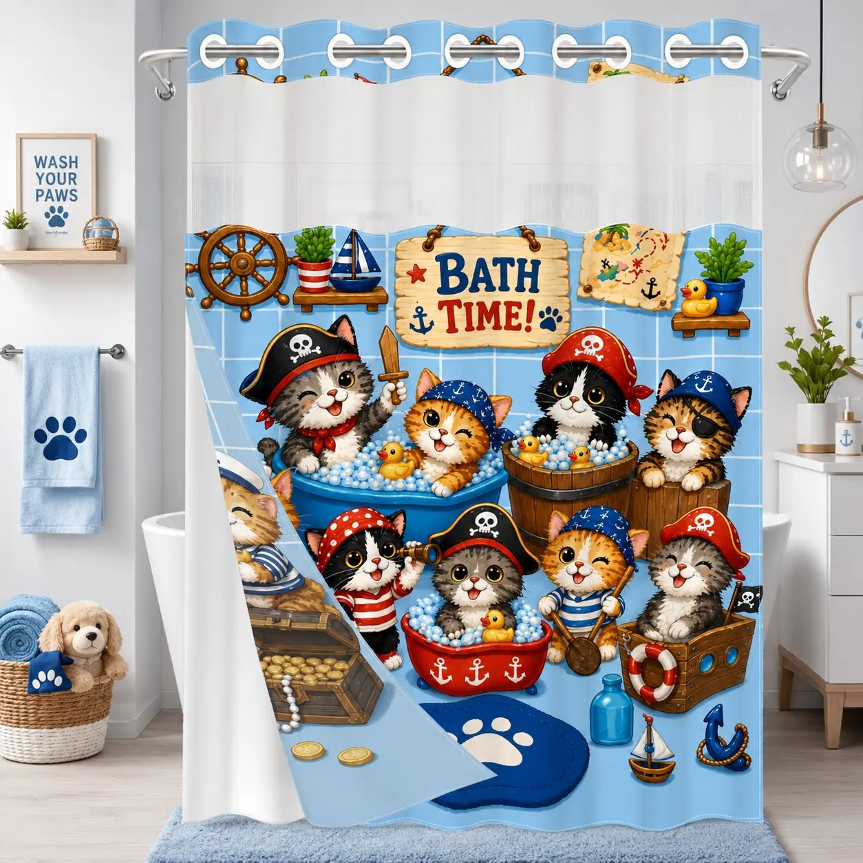 1Pc Hookless Double Layer Shower Curtain Set, Cute Pirate Cat Bath & Rubber Duck Print, Snap-In Waterproof Mildew-Resistant Liner, Fabric Outer Curtain with Sheer Viewing Window, 71×74 Inch, Machine Washable, for Home, Apartment and Hotel Bathrooms