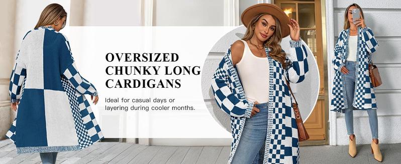FMEYOA Womens Checkered Long Cardigans Chunky Oversized Open Front Batwing Sleeve Color Block Knit Sweater Coats