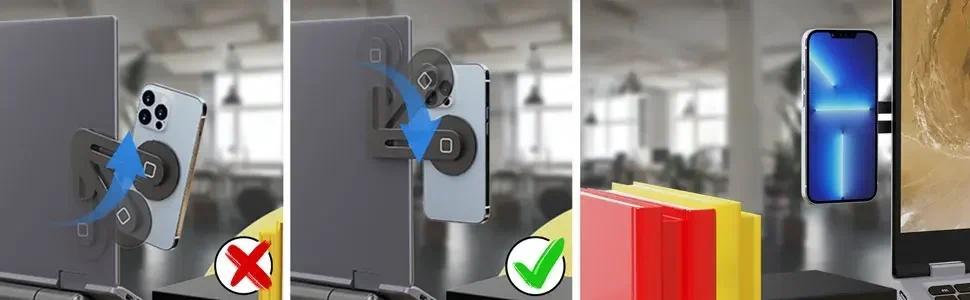 Magnetic Laptop Phone Holder Computer Monitor Side Cell Phone Slim& Foldable For All Phone secure hold clamp clip hook