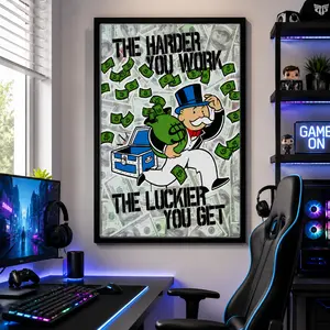 Money Graffiti Art, Monopoly Inspired Street Pop Art Poster, "The Harder Work The Luckier Get" Motivational Print, Hypebeast Decor, Modern Urban Decor for Bedroom Office Gaming wall canvas Decoration Artistic, Canvas Wall Art, Framed Canvas, Gift
