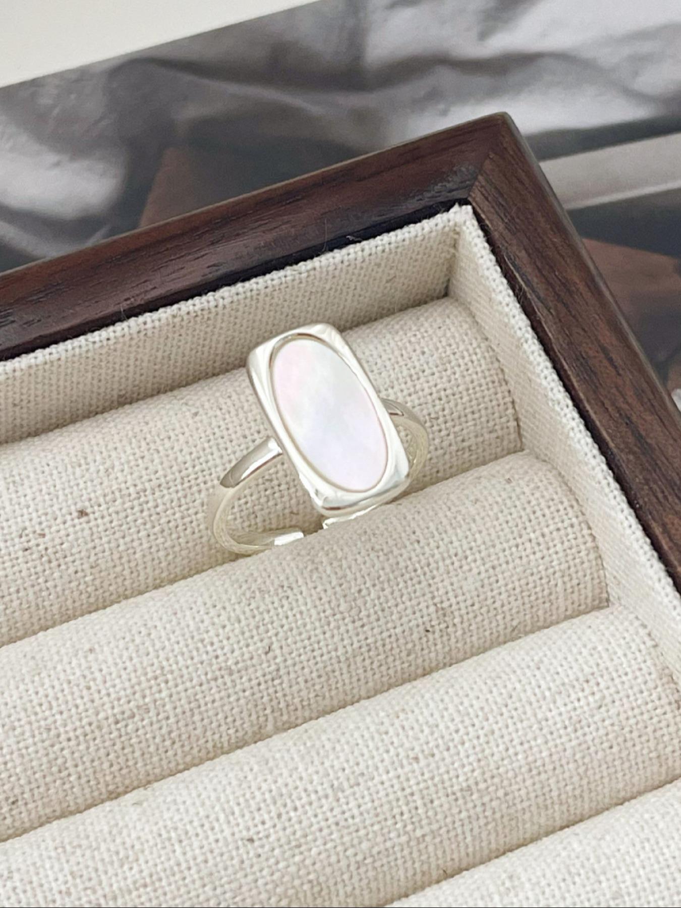 S925 Sterling Silver Simple Elegant Fashion Geometric Square White Shell Ring, Open Adjustable Finger Ring for Women, Retro Party Dating Gift