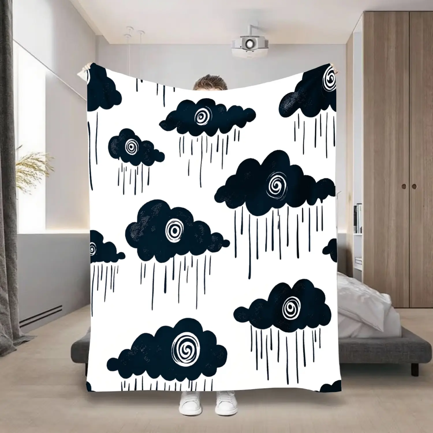 Comfortable Black And White Cloud Printed Flannel Bed Blanket |   Plush Velvet Softness, High-Definition Digital Cloud Pattern, All-Season Bedding, Ideal Gift