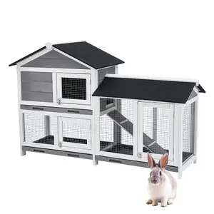 63" 2-Tier Wooden Pet Hutch – Large Rabbit/Chicken Cage | Waterproof Roof, Non-Toxic Paint | Indoor/Outdoor Use | 3 Removable Trays, Easy Clean | Sturdy Wood, Secure Mesh | For Bunnies, Poultry | Spacious, Ventilated | Modern Gray/Black Design