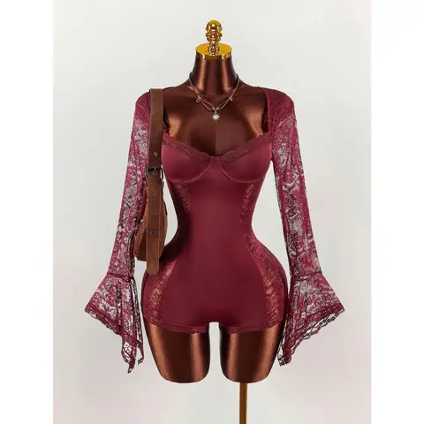 Women's 2000s Fall Contrast Lace Waist Halloween Spaghetti Strap Bodysuit With Long Flare Sleeves And Sheer Side