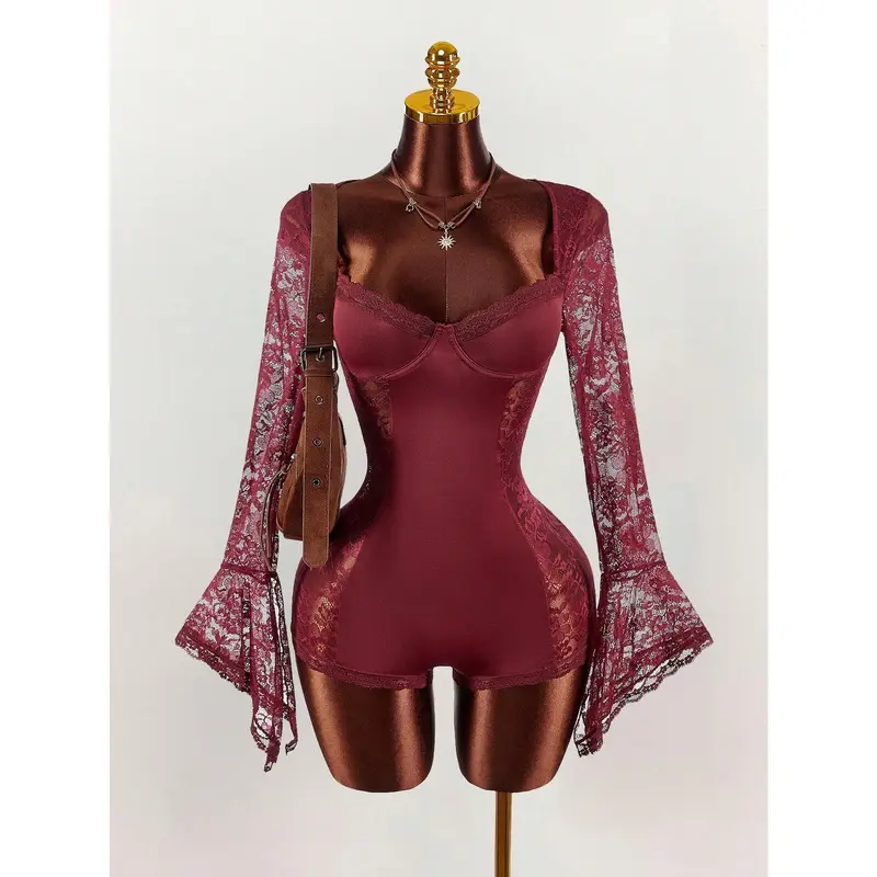 Women's 2000s Fall Contrast Lace Waist Halloween Spaghetti Strap Bodysuit With Long Flare Sleeves And Sheer Side