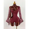Women's 2000s Fall Contrast Lace Waist Halloween Spaghetti Strap Bodysuit With Long Flare Sleeves And Sheer Side