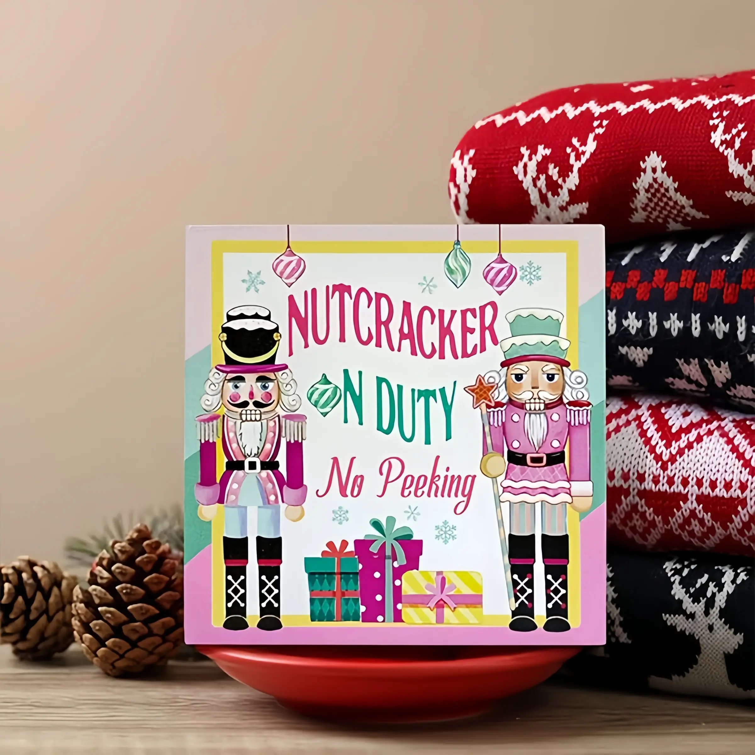 1Pcs Nutcracker On Duty Cartoon Print PVC Table Sign, Colorful Cute Holiday Plaque, Xmas Farmhouse Desktop Ornament for Home Table Decor