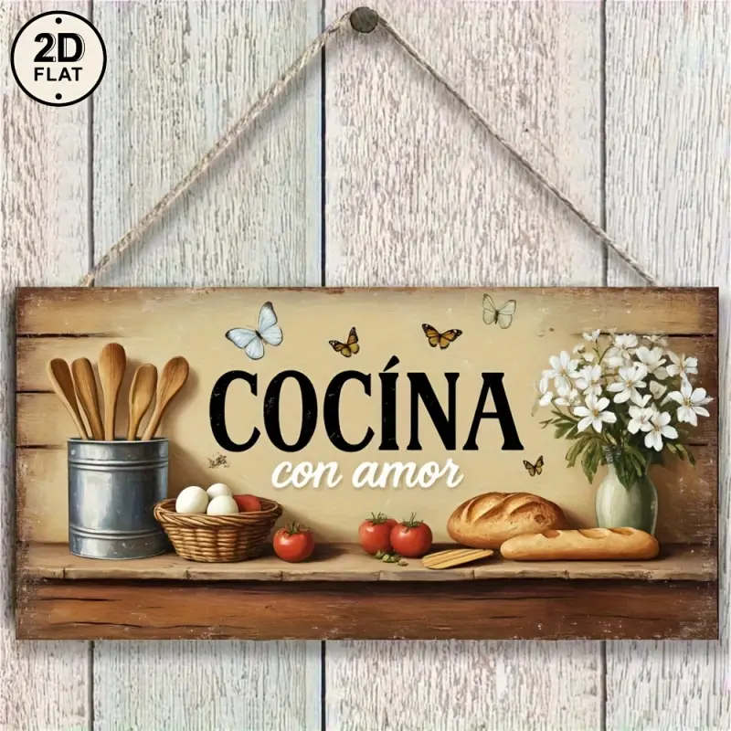2D Panel, Spanish Cooking Quote Cocina con Amor, Rustic Style Kitchen Wall Decor with Hooks for Home, Cafe, Restaurant, Vintage Wooden Sign, Farmhouse Decoration, Easy to Install Kitchen Ornament, Decorative Wall Art, Farmhouse Wall Art