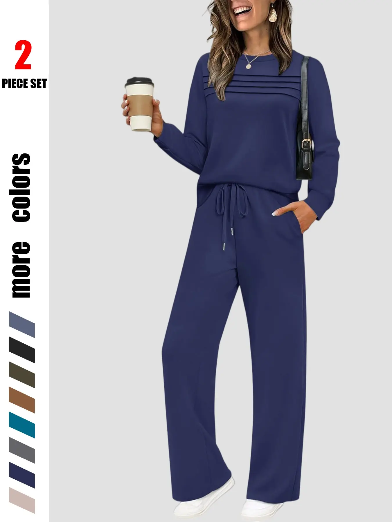 Women's 2 Piece Matching Set, Long Sleeve Pleated Front Top & Wide Leg Pants Outfit, Casual Chic Co Ord Set with Adjustable Drawstring Waist and Pockets, Soft Stretchy Trendy Women's Clothing, Elegant Everyday Outfit for Travel, Work and Street Wear