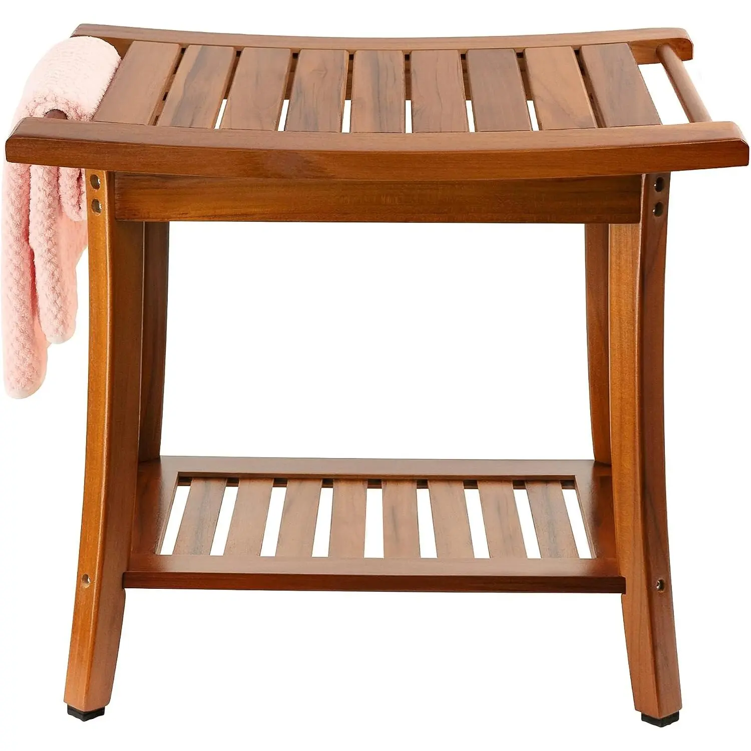Teak Shower Bench Seat with Handles, Portable Wooden  Bathing Stool with Storage Towel Shelf, 22" x 13" x 18.6",  for Indoor and Outdoor Use