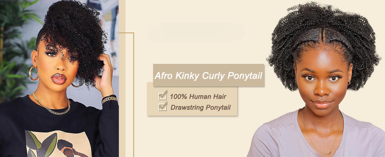 Afro Kinky Ponytail Human Hair For Black Women Clip Ins Human Hair Extensions Kinky Curly Drawstring Ponytail Natural Color Easy to Install Afro Puff Human Hair Ponytail 4c  hair  extensions