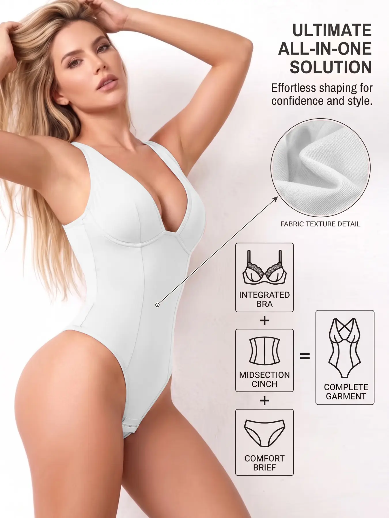 Deep V Crisscross Back Shapewear Bodysuit, Built In Cups Tummy Control Waist Shaping, 4 Way Stretch Moisture Wicking, Adjustable Crotch Closure, Jeans Date Outfit Women Layering Body Shaper