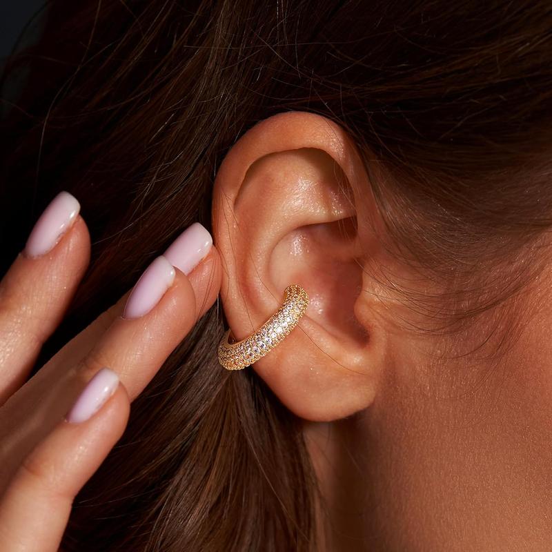 CASSIECA Ear Cuff for Women CZ Fake Helix Cartilage Earrings Fake Piercing Ear Cuff Earrings 14K Gold Clip Ear Cuff Silver Gold Sparkling Round Huggie Earrings Without Ear Piercing