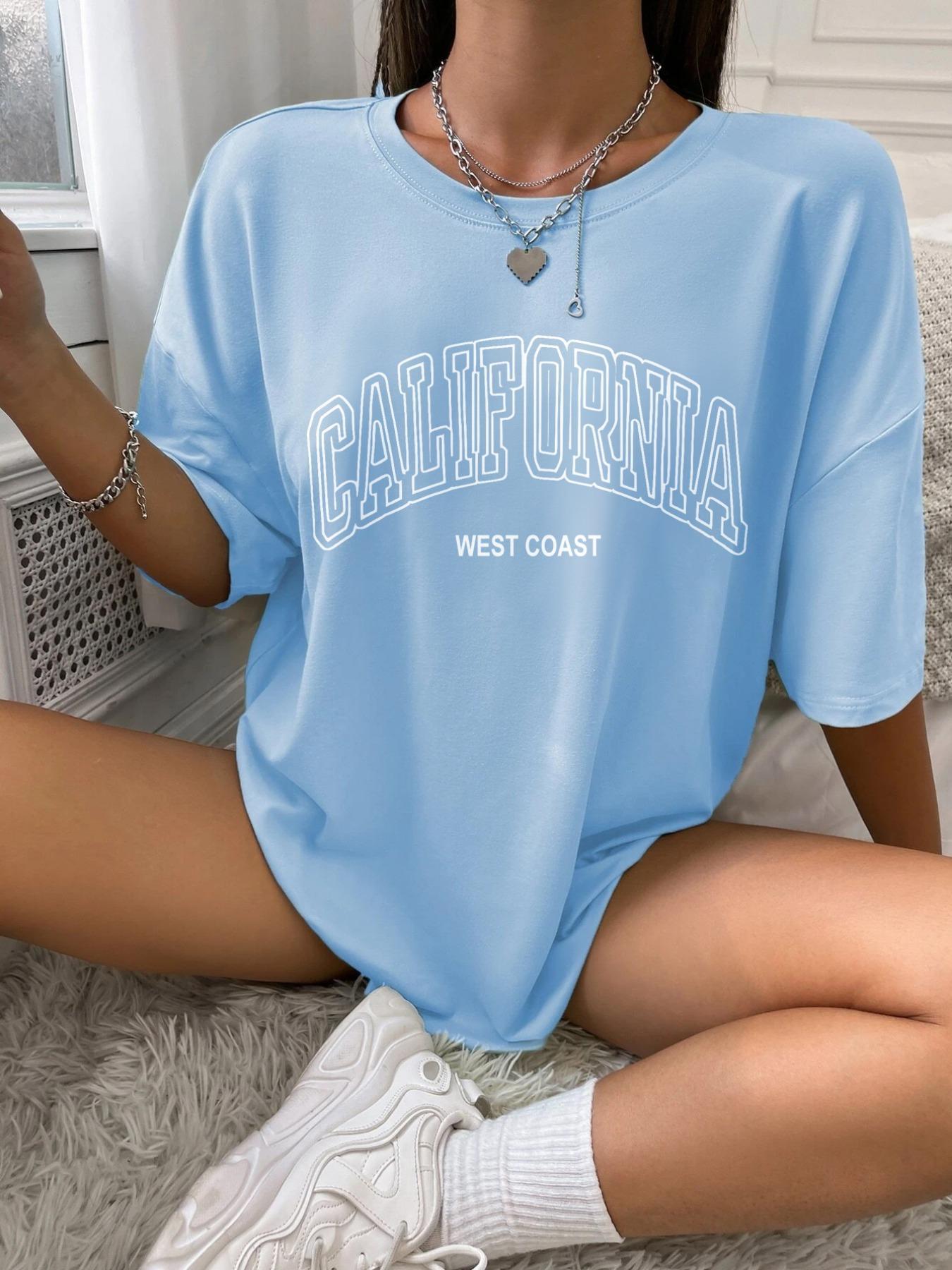 Women's Letter Print Drop Shoulder Jersey Tee, Summer Clothes Women, Back To School Outfits, Casual Street Half Sleeve Round Neck T-Shirt for Summer, Graphic Tees, T Shirts for Women, Women's Top for Daily Vacation Outdoor