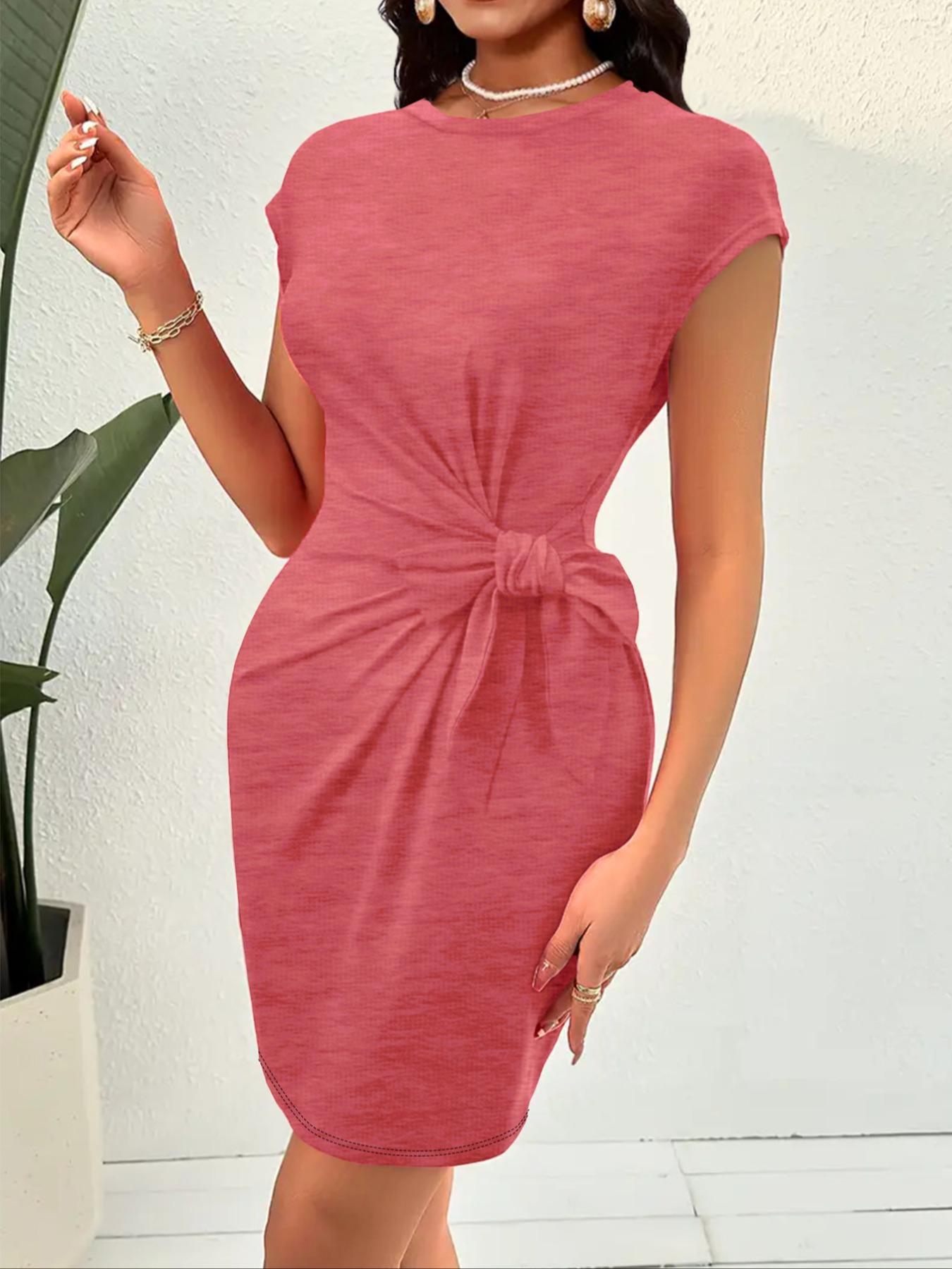 Women's Plain Round Neck Fitted Dress, Casual Crew Neck Short Dress for Spring & Fall, Women's Clothing for Daily Wear