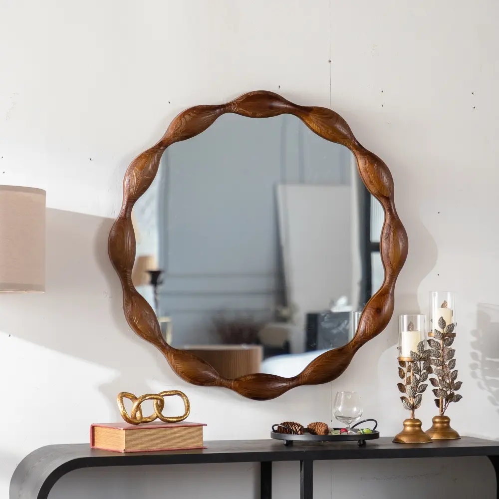 Littleox 32.28" Solid Wood Round Mirror, Rustic Farmhouse Wavy Irregular Decorative Wall Mirror - Walnut, Large Circle Wood Frame Mirror for Living Room, Hallway, Entryway
