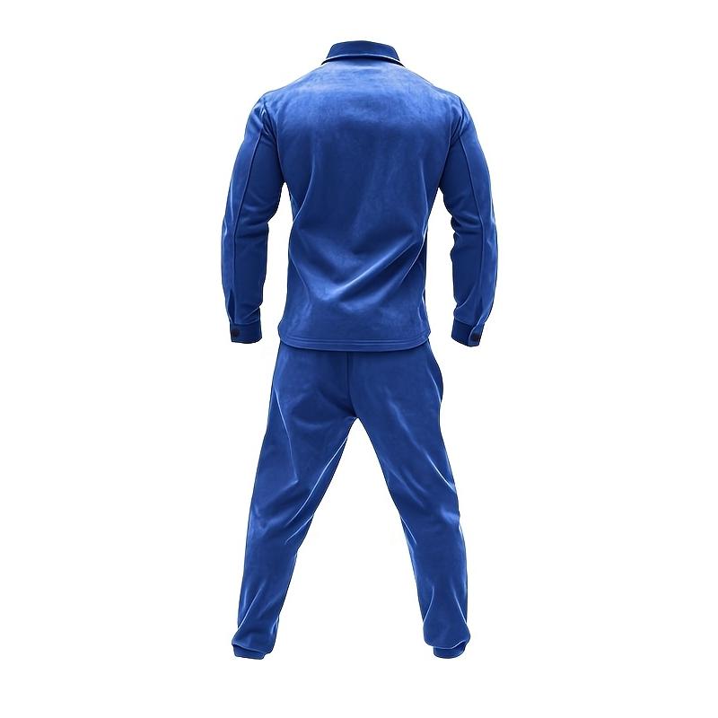 2pcs Men'S Casual Solid Color Sweatsuit Set, Polyester Knit Fabric with Slight Stretch, Regular Fit, with Lapel Collar, Button Details, for Spring/Fall - Fashionable American Style Workwear Jacket and Pants Combo