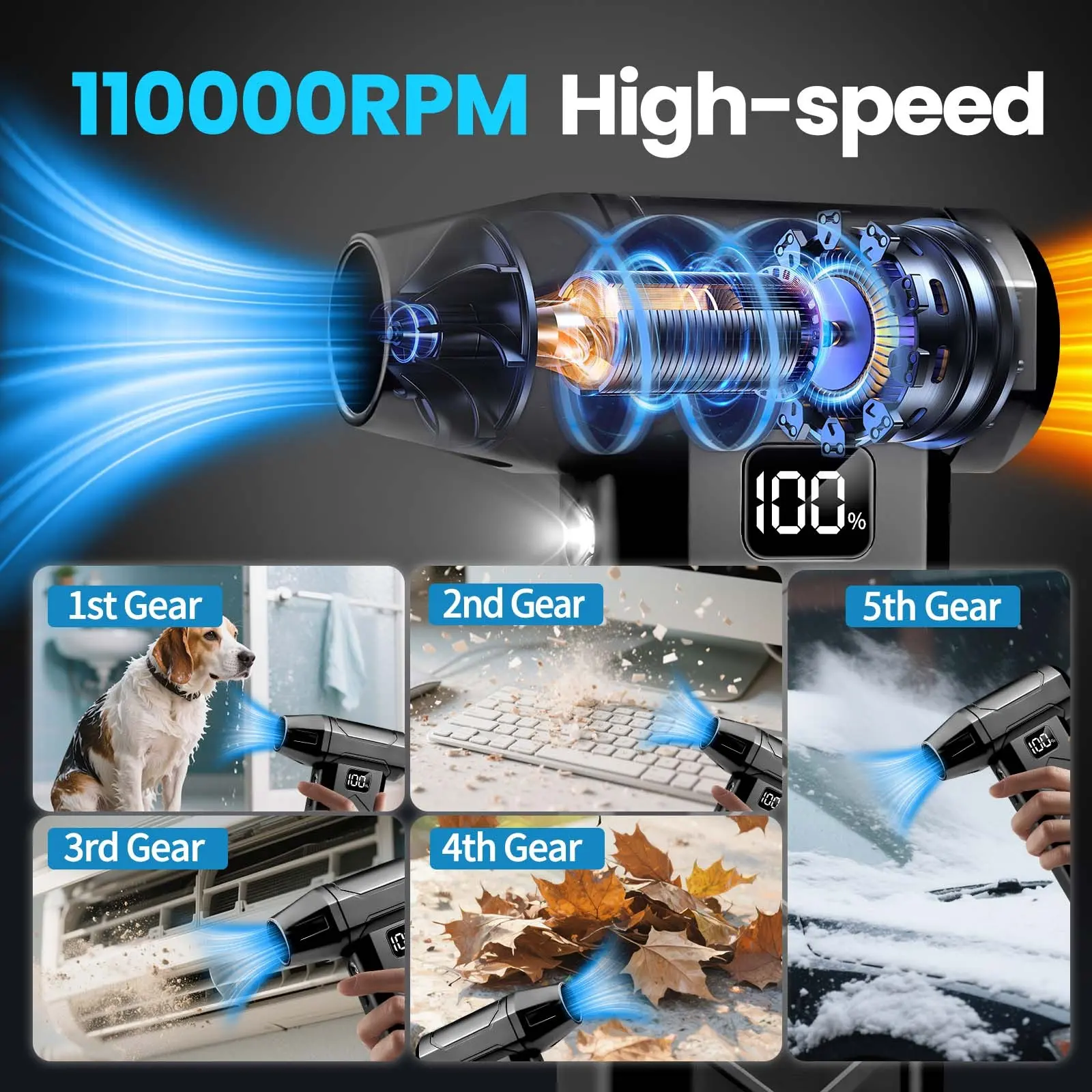 Cordless Air Duster, 110000RPM Electric Compressed Air Blower, Rechargeable Handheld Mini Turbo Fan with LED Light, Battery Display, 5 Speeds, for Keyboard, PC, Car and Home Cleaning