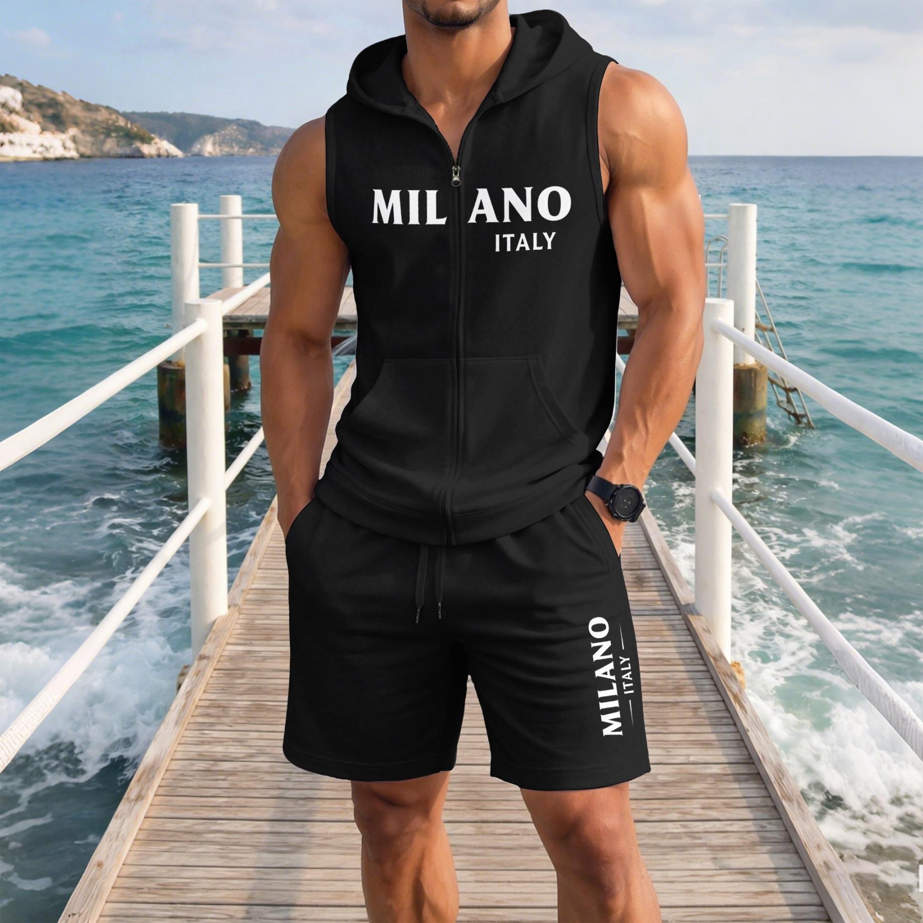 Men's Milano Italy Graphic Sleeveless Hoodie Shorts Set 2 Piece Outfit Milano Letter Print Zip Up Hooded Vest Drawstring Shorts Summer Casual Gym Workout Streetwear Breathable Lightweight Athletic Lounge Set
