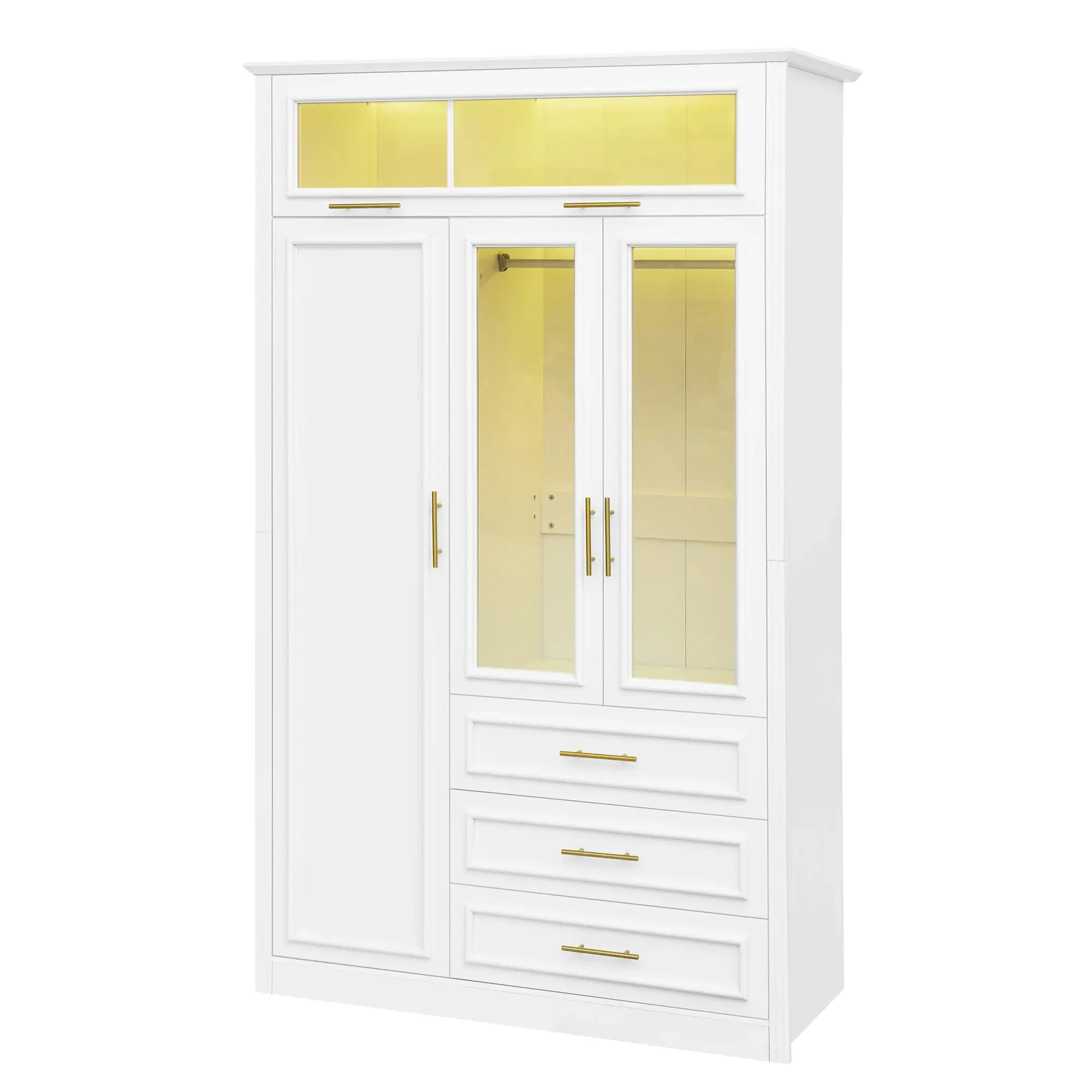 Modern 3-Door Luminous Wardrobe Armoire with LED Yellow Lights, 3 Drawers, Compartmentalized Storage, Different Size Hanging Space, Thin-Thick Clothes Organizer, Glass Accent, Assembly Required, Home Dorm Room Indoor Furniture, Wardrobe Dorm Room