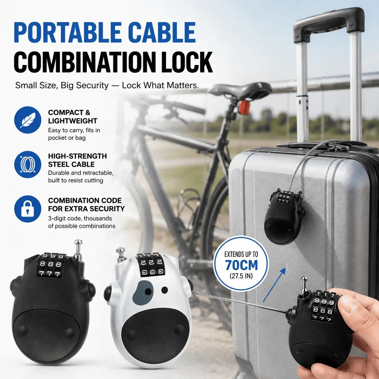 New 2-Pack Retractable Steel Cable Helmet Lock - Universal Anti-Theft Bike & Motorcycle Lock, Portable Outdoor Cycling Security, Keep Your Helmet Safe