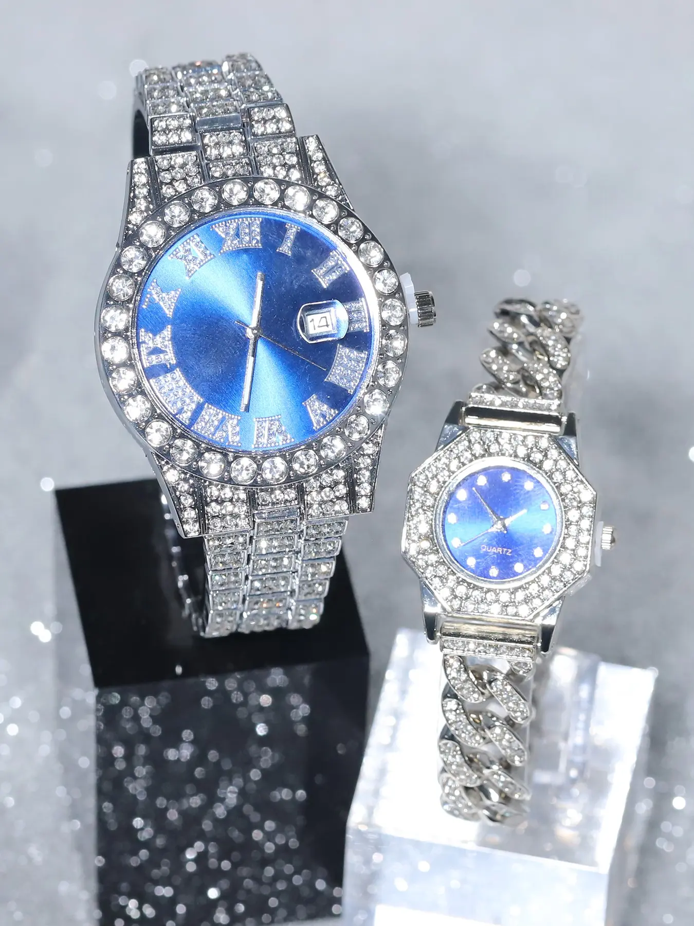 2 Pcs Hip Hop Quartz Watches, Full Diamond Blue Sparkling Decorative Wristwatches, Unisex Daily Gift, Valentine's Day Present, Quartz Analog Watch