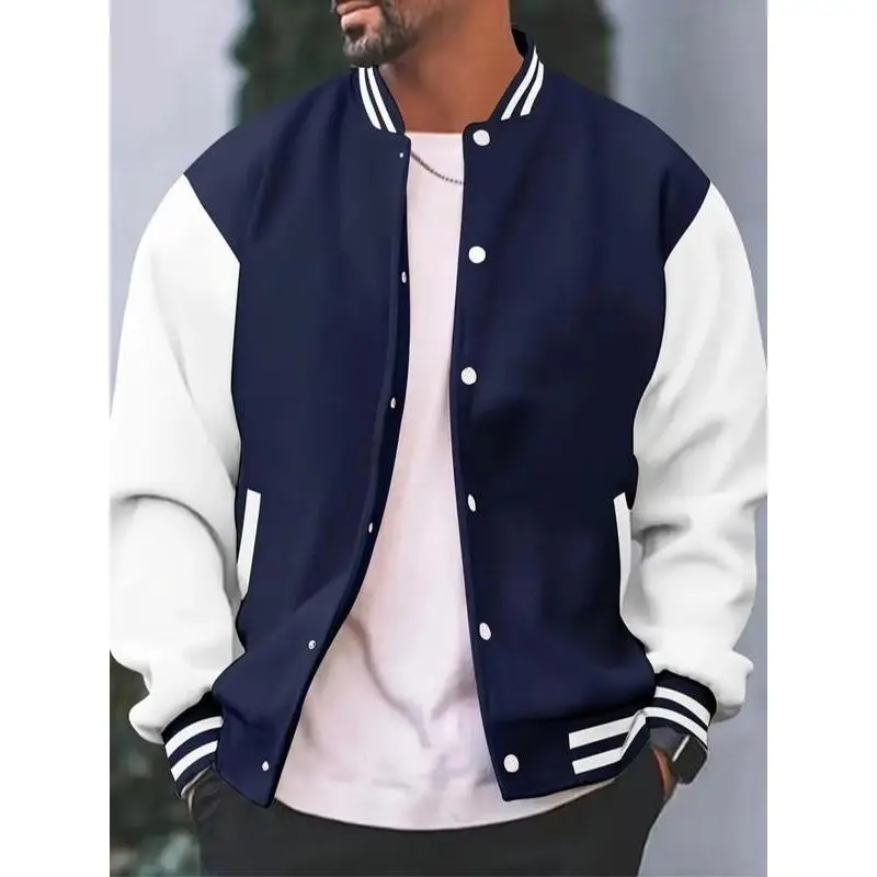 Men's Casual Team Jacket, Striped Baseball Collar, Long Sleeve with Pockets, Polyester Blend, Perfect for Spring & Fall