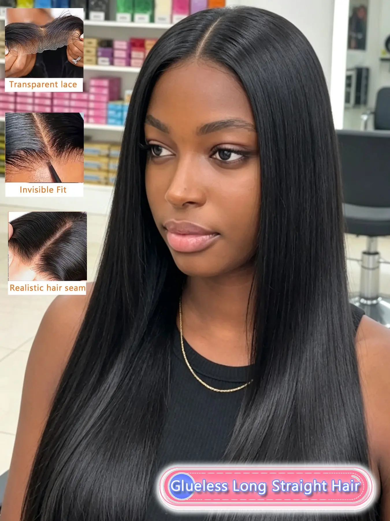 Long Black Straight Human Hair Wig with 5x5 Glueless Lace Closure, Creates Naturally Smooth Polished Look, Pre-parted Natural Hairline, Quick Wear Design for Effortless Styling, Comfortable Real Human Hair for Everyday Wear by Ladies