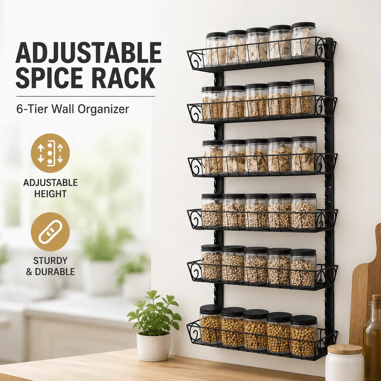 Adjustable Wall-Mount Spice Rack, 6-Tier Dual-Use Black Organizer for Kitchen Pantry Storage, Space-Saving Wall Storage Solution