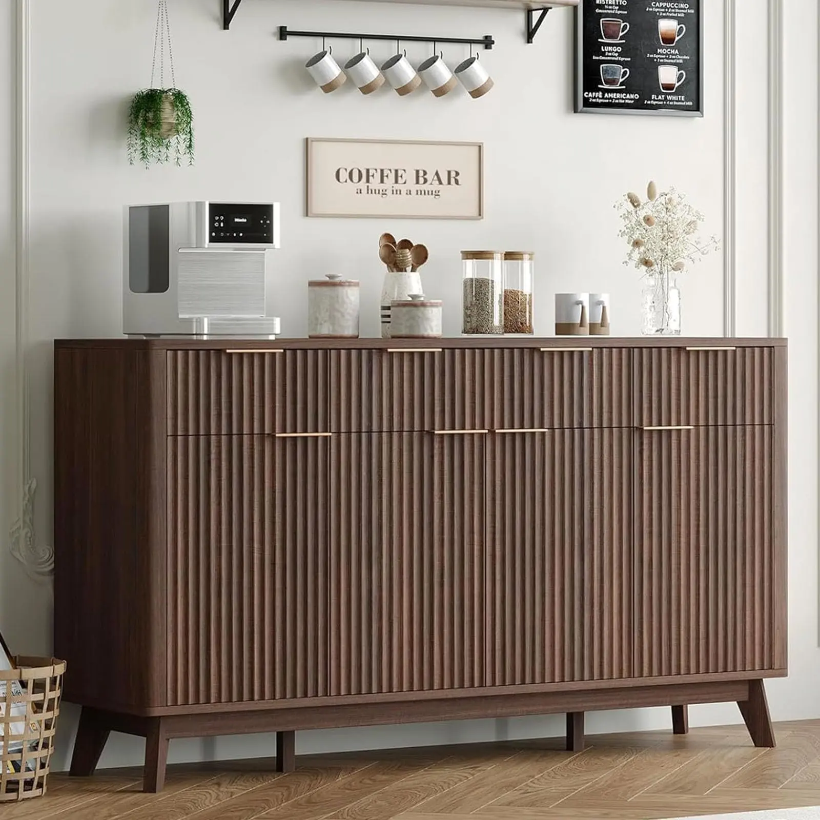 60'' Large Fluted Sideboard Buffet Cabinet with Drawers and Adjustable Shelves, Modern Wooden Console Table for Living, Dining, and Kitchen Rooms in Walnut or Oak Finish