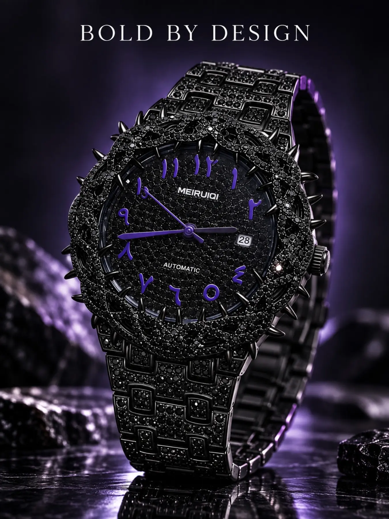 Luxury Mechanical Watch, Full Diamond-Encrusted Silver Color Stainless Steel Band, Arabic Numerals, Unisex Automatic Watch for All Seasons, Elegant Watch