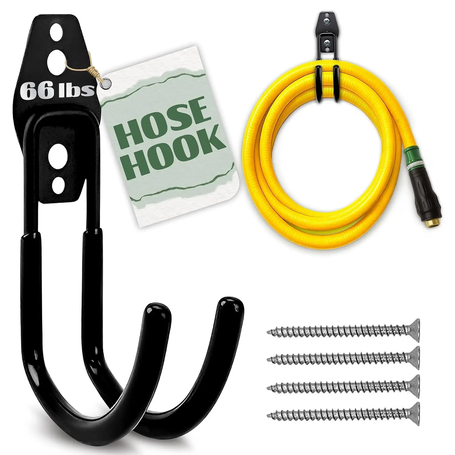 Hose Hook for Outside, 5.7" Heavy-Duty Steel Wall Mount (Black) | Small Hose Hanger Fits Hoses 25-50 ft Long; Holds Up to 66 lbs of Hoses, Cords, and Tools; for Yard, Pool and Garage