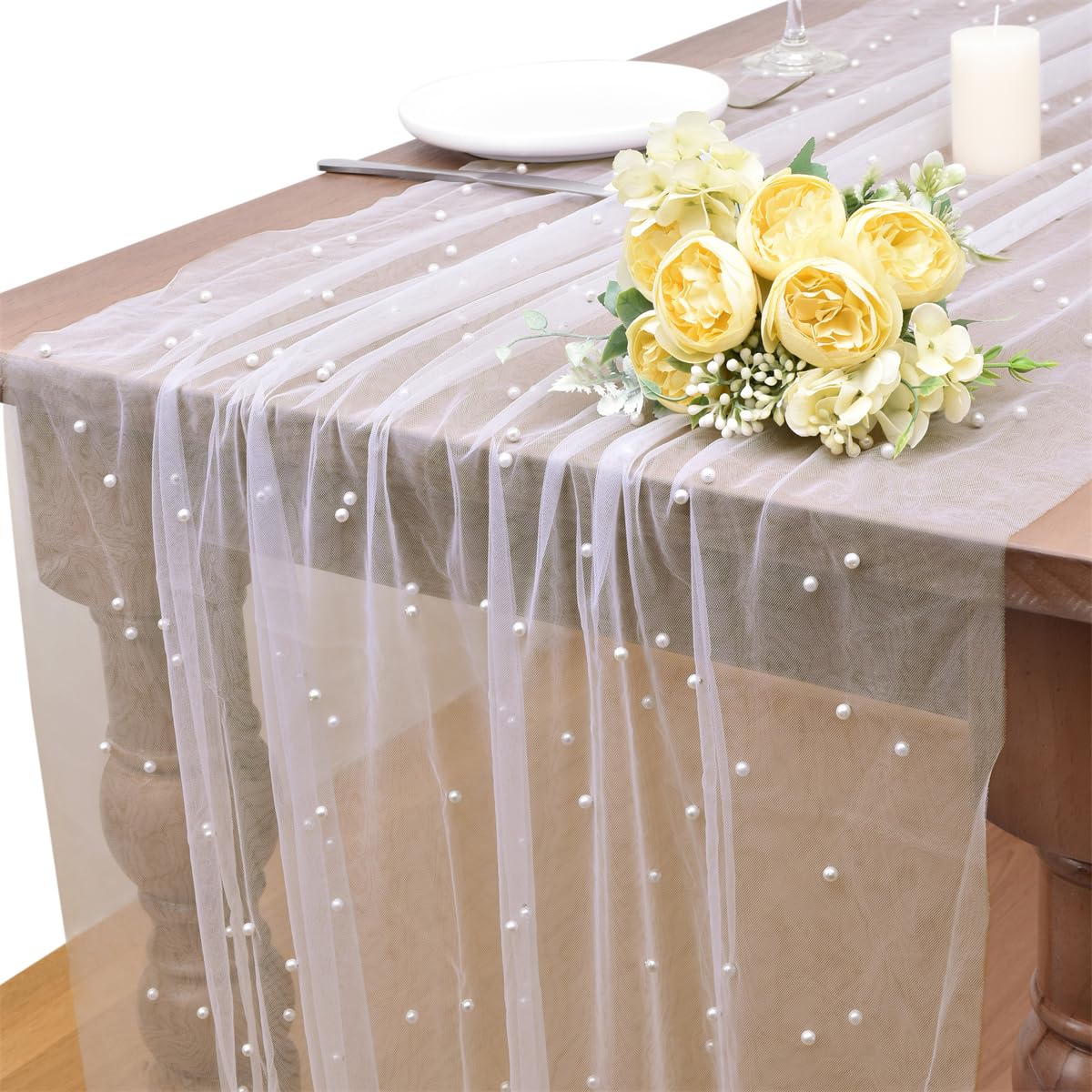 1pcs Pearl Decor Tablecloth, Wedding Pearl Sheer Tablecloth, Party Decoration, Chair Streamers, Event Backdrop, Bridal Shower Decor, Wedding Table Runner