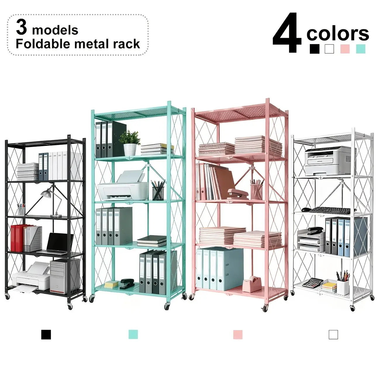 5/4/3-Tier Heavy-Duty Folding Storage Rack With Wheels - Portable Multi-Layer Floor-standing Shelf, No Assembly Required Suitable For Homes, Offices, Dormitories, Bedrooms, Studies; For Organizing