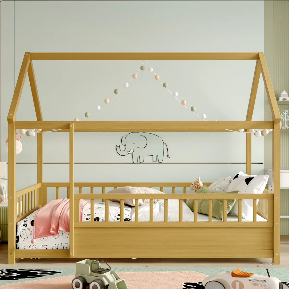 Wood House Floor Bed Frame with Roof Structure, Surround Guardrails & Access Door, Solid Pine Low Profile Platform Bed with Fenced Design