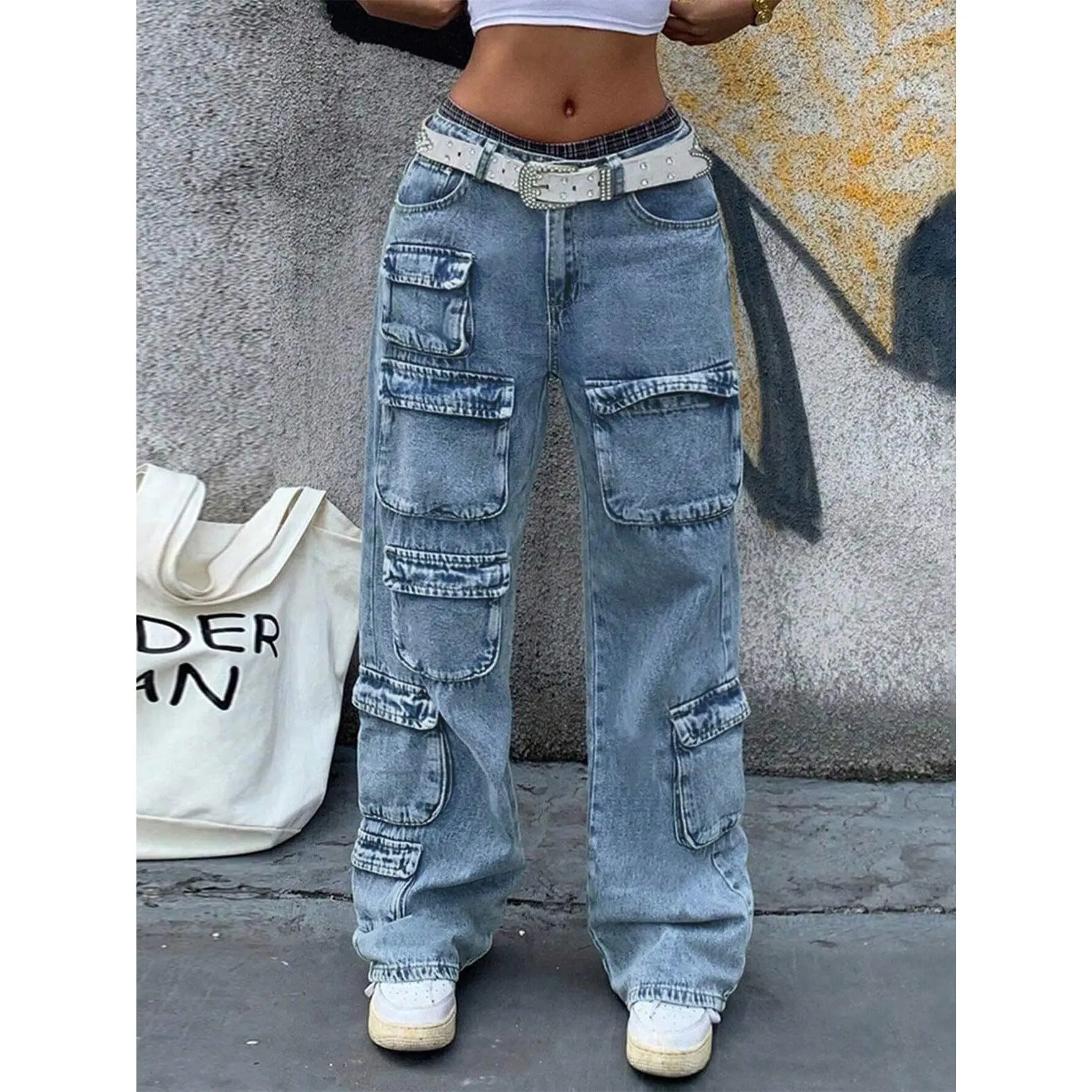 Women's Light Wash Multi‑Flap‑Pocket Cargo Jeans High Waist Baggy Wide Leg Denim Pants Y2K Streetwear