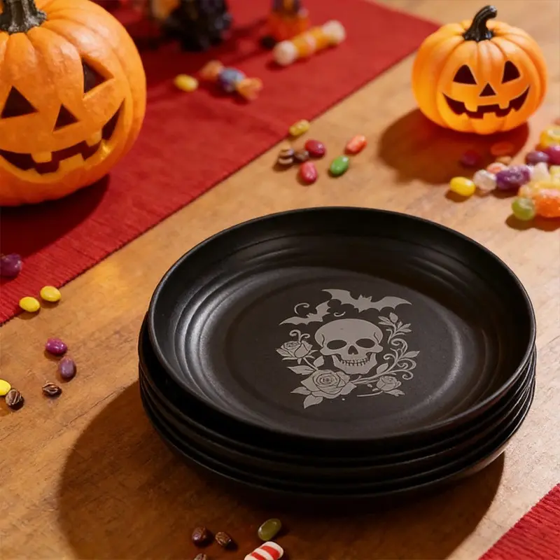 Skull Plastic Tray Set of 6, Halloween Party Tableware, Serving Platters, Round Dishes for Festive Events, Non-Bone China Material