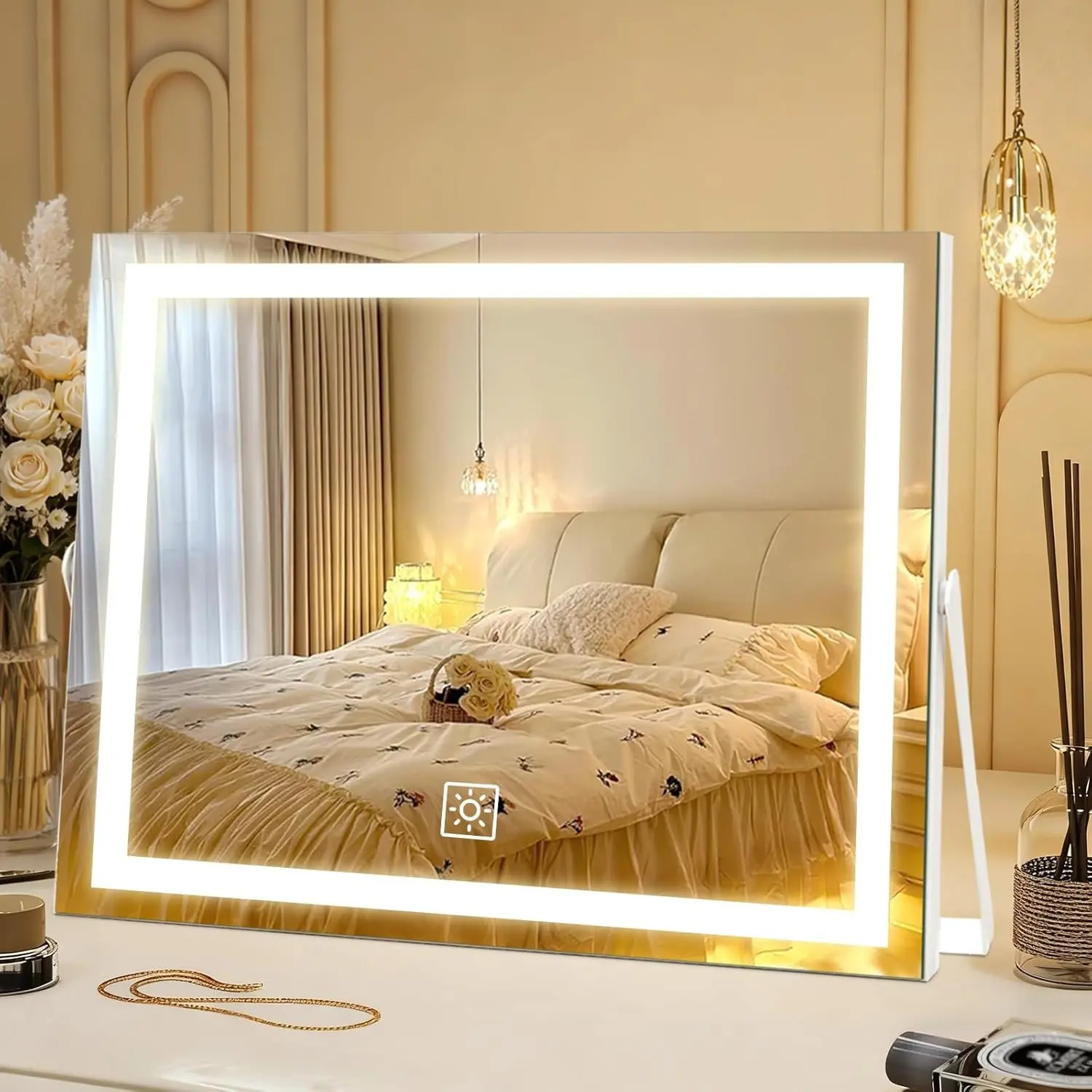 Modern 14-Inch LED Lighted Vanity Makeup Mirror, Large Metal Frame Tabletop Mirror with 3 Color Dimmable Lights, Touch Control, 360° Rotation for Bathroom, Bedroom (Ideal Gift), Decor