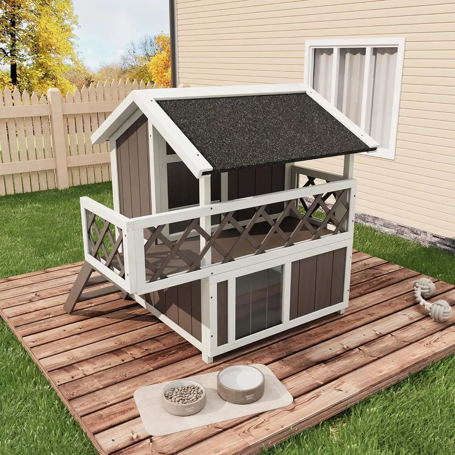 Insulated 2-Story Outdoor Wooden Cat House with Balcony – Weatherproof Shelter – Asphalt Roof & PVC Door – Easy Assembly – All-Weather Condo for Stray Cats & Kittens – Grey & White