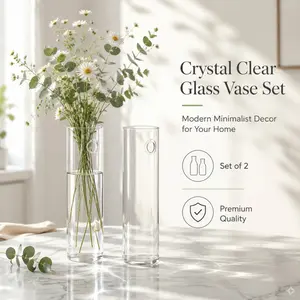 2-piece crystal clear glass vase set, modern minimalist cylindrical design with handle and wall-mountable. Premium quality, ideal for home decor, flower arrangements and table ornaments.