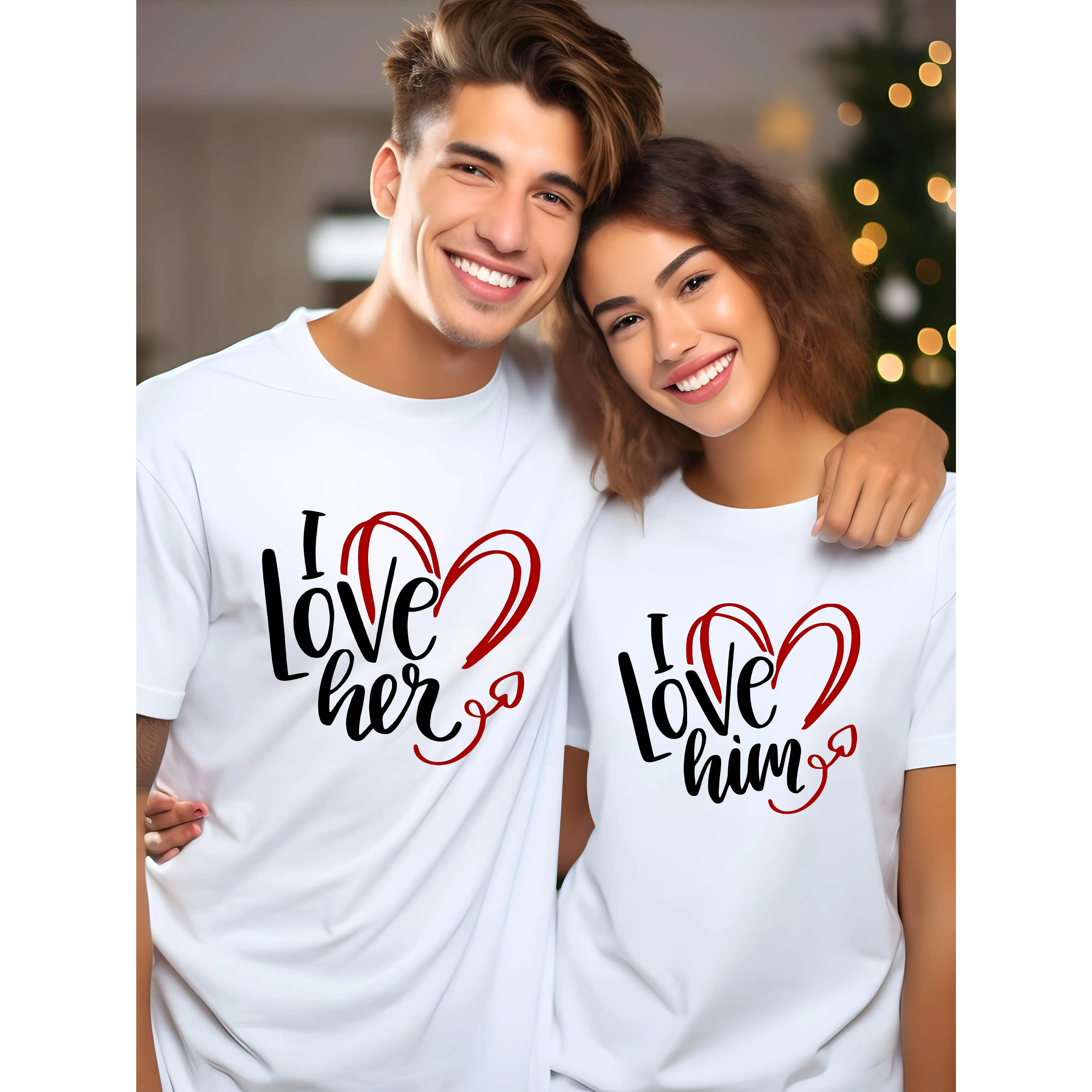 1pc of Devotion for Him And Love for Her - Love Printed T-Shirt with Round Neckline, Short-Sleeved T-Shirt, Valentine'S Day Gift, Comfortable Fit, Couple'S Valentine'S Day T-Shirt, Couple'S Pure T-Shirt